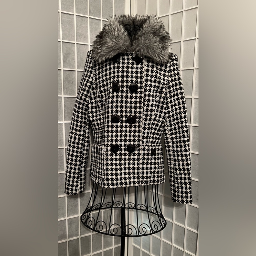 Women’s GAUCHA Tweed Checkered Fur Collar Coat Jacket - Picture 2 of 16